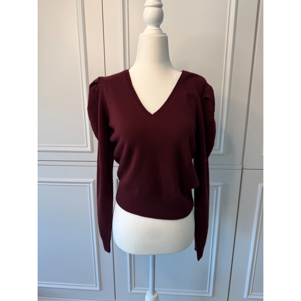 FRAME V-Neck Sweater Women S Wine Puff Shoulder Wool Cashmere Blend Excellent